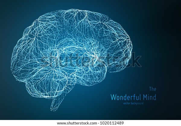 シナプスと輝くニューロンを持つ3d脳側のベクター青のイラスト アイデアの誕生や人工知能のコンセプト的なイメージ 輝く線の網は脳の構造 を形成する 未来的なマインドスキャン のベクター画像素材 ロイヤリティフリー