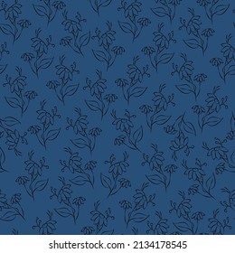 Vector blue illustration. Floral seamless pattern. Bouquet of wild flowers. Hand drawn flower field. Simple flowers. Flowering heads of field chamomile. Outline drawing.
