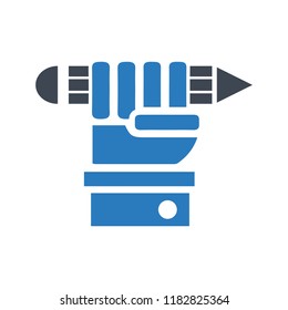 Vector blue illustration of a hand holding a pencil - glyph style design