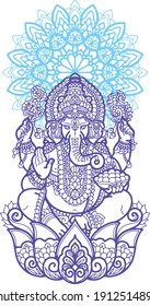elefantes indios azules vectoriales en loto. El dios del hinduismo con mandala azul cielo en el fondo