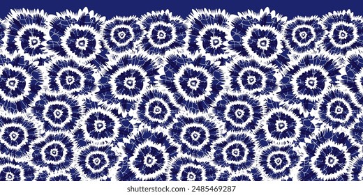Vector blue indigo shibori circle flowers abstract horizontal border pattern. Suitable for invitation card and posters.