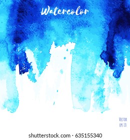 Vector blue, indigo watercolor texture background with dry brush stains, strokes and spots isolated on white. Abstract artistic frame, place for text or logo. Acrylic hand painted backdrop.