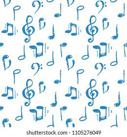 Vector blue ink music notes and keys pattern set
