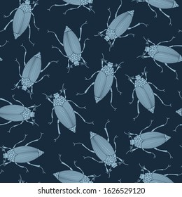 Vector Blue Insects on Dark Blue Background Seamless Repeat Pattern. Background for textiles, cards, manufacturing, wallpapers, print, gift wrap and scrapbooking.