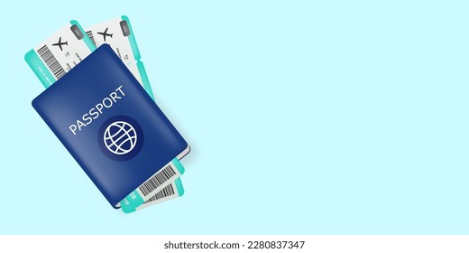 Pasaporte internacional azul vectorial con dos pasajes de avión dentro aislados en fondo horizontal azul. Pasaporte azul de vista superior con tarjeta de embarque para el avión. Icono de viaje y etiqueta con documentos de identificación