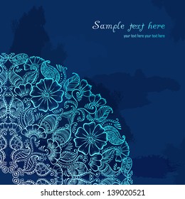 Vector Blue Invitation Card with henna ornament. Round hindi