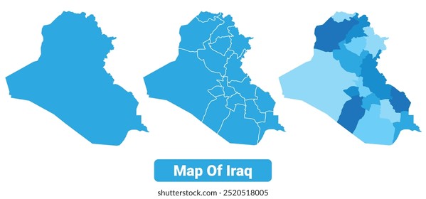 Vector Blue Iraq political maps with borders regions simple flat illustration set 