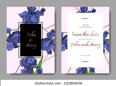 Vector Blue iris floral botanical flower. Wild spring leaf wildflower isolated. Engraved ink art. Wedding background card floral decorative border. Elegant card illustration graphic set banner.