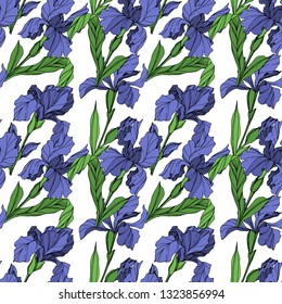 Vector Blue iris floral botanical flower. Wild spring leaf wildflower isolated. Blue and green engraved ink art. Seamless background pattern. Fabric wallpaper print texture.