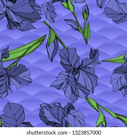 Vector Blue iris floral botanical flower. Wild spring leaf wildflower isolated. Blue and green engraved ink art. Seamless background pattern. Fabric wallpaper print texture.