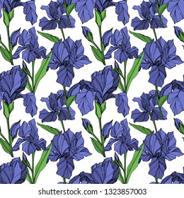 Vector Blue iris floral botanical flower. Wild spring leaf wildflower isolated. Blue and green engraved ink art. Seamless background pattern. Fabric wallpaper print texture.