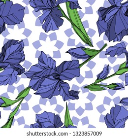 Vector Blue iris floral botanical flower. Wild spring leaf wildflower isolated. Blue and green engraved ink art. Seamless background pattern. Fabric wallpaper print texture.