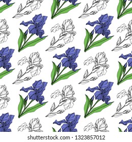 Vector Blue iris floral botanical flower. Wild spring leaf wildflower isolated. Blue and green engraved ink art. Seamless background pattern. Fabric wallpaper print texture.