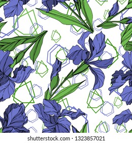 Vector Blue iris floral botanical flower. Wild spring leaf wildflower isolated. Blue and green engraved ink art. Seamless background pattern. Fabric wallpaper print texture.
