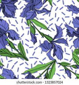 Vector Blue iris floral botanical flower. Wild spring leaf wildflower isolated. Blue and green engraved ink art. Seamless background pattern. Fabric wallpaper print texture.