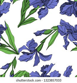 Vector Blue iris floral botanical flower. Wild spring leaf wildflower isolated. Blue and green engraved ink art. Seamless background pattern. Fabric wallpaper print texture.