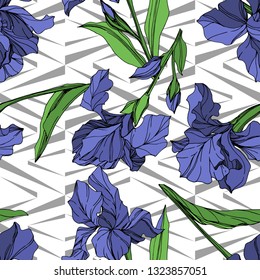 Vector Blue iris floral botanical flower. Wild spring leaf wildflower isolated. Blue and green engraved ink art. Seamless background pattern. Fabric wallpaper print texture.