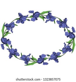 Vector Blue iris floral botanical flower on white background. Wild spring leaf wildflower isolated. Blue and green engraved ink art. Frame border ornament square.