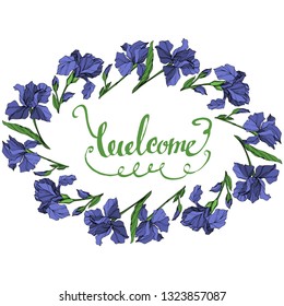 Vector Blue iris floral botanical flower on white background. Wild spring leaf wildflower isolated. Blue and green engraved ink art. Frame border ornament square.