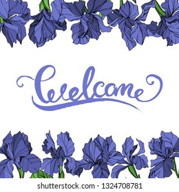 Vector Blue iris floral botanical flower on white background. Wild spring leaf wildflower isolated. Blue and green engraved ink art. Frame border ornament square.