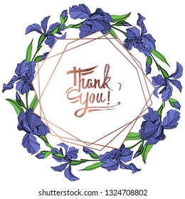 Vector Blue iris floral botanical flower on white background. Wild spring leaf wildflower isolated. Blue and green engraved ink art. Frame border ornament square.