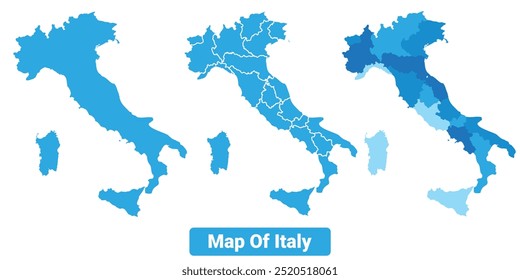 Vector Blue Italy political maps with borders regions simple flat illustration set 