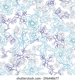 Vector Blue Japanese Floral Kimono Line Art Seamless Pattern