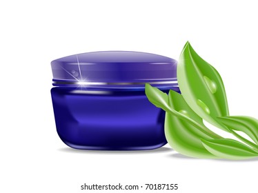 vector blue jar with a cosmetic cream and green leaves