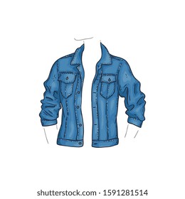 Vector Blue Jean Jacket With Pockets. Denim Female Shirt Sketch Icon. Long Sleeve Casual Fashion Cloth, Trendy Garment For Women. Urban Fabric Apparel, Fashionable Blue Clothing. Isolated Illustration