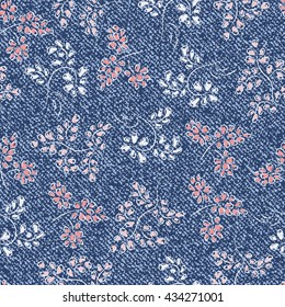 Vector Blue Jeans background with leaves. Denim cloth seamless pattern