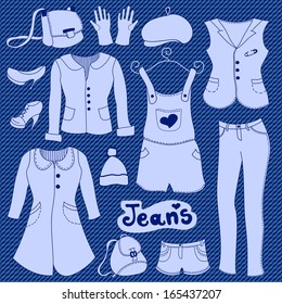 Vector blue jeans  clothes  set, young collection