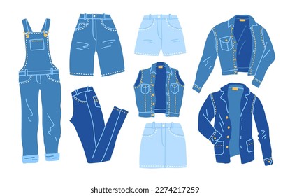 Vektorblaues Jeans-Kleidungsset. Baumwolljeans Bekleidungsmännin mit Nähten und Tasten flach gefaltet. Denim unisex Weste, Jacke, Hose und Rock-Illustration