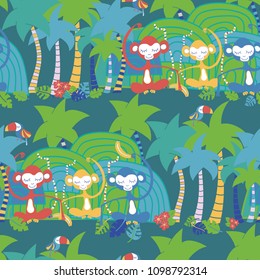 Vector blue jungle party collection monkey palm trees seamless pattern background. Perfect for the kids market - use on fabric, scrapbooking and wallpaper projects