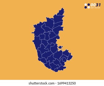 Mapa azul vector de Karnataka sobre fondo amarillo.