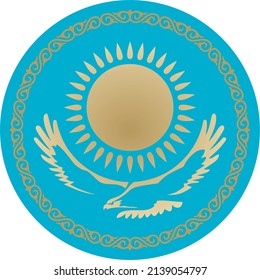 Vector blue Kazakh national round ornament sun and golden eagle. Ethnic circle, nomadic peoples of the great steppe. Flag of the Republic of Kazakhstan.
