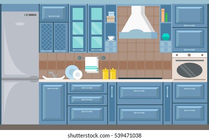 Vector blue kitchen interior card flat illustration. blue shades