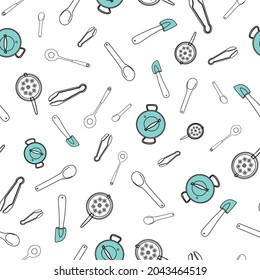Vector Blue kitchen utensils doodle background pattern