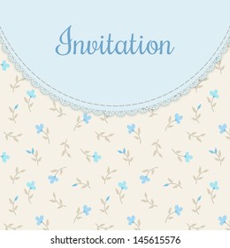 Vector blue lace frame on floral background. Vintage invitation card.