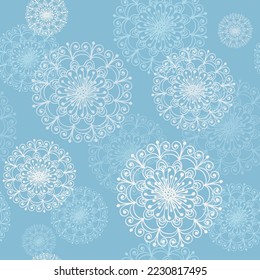 Vector blue lacy decorative background with snowflakes. Seamless ornament.