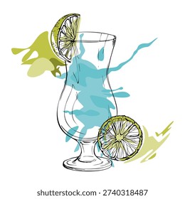 Vector Blue Lagoon, Electric lemonade tropical alcoholic cocktail, hurricane glass hand drawn in ink, lime wheel with juice splatter. Bright turquoise splash. Summer branding, packaging, event design.