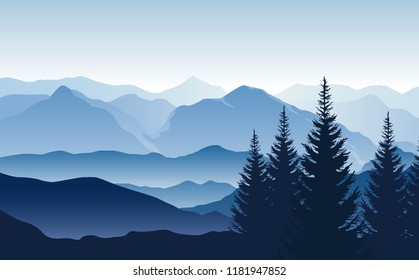 Vector blue landscape with silhouettes of misty mountains and hills and trees