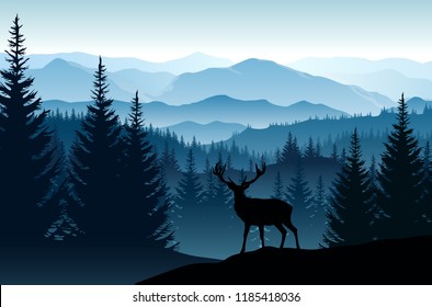 Vector blue landscape with silhouettes of misty mountains, forests and deer