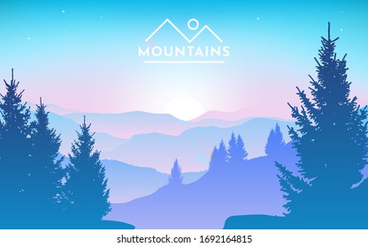 Paisaje azul vectorial con siluetas de montañas y colinas y árboles nublados