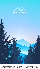 Vector blue landscape with silhouettes of misty mountains and hills and trees. Winder mountainous flat landscape design