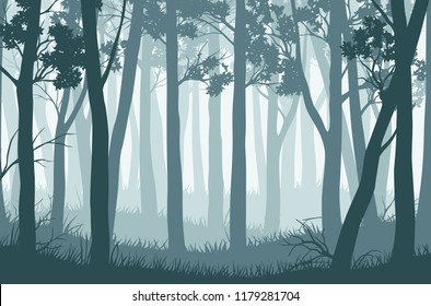Vector blue landscape with silhouettes of trees in the misty forest 