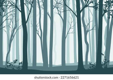 Paisaje azul vectorial con siluetas de árboles en el bosque nublado 