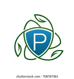 Vector Blue Leaf Vitamin Shield Letter P Logo