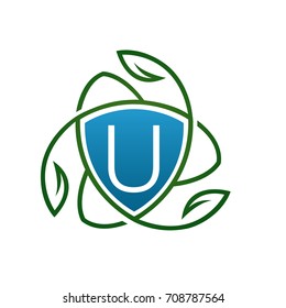 Vector Blue Leaf Vitamin Shield Letter U Logo