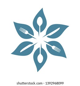 Vector blue leaves with cutlery. Isolated on white background.