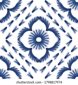 Vector blue leaves flowers folk seamless pattern